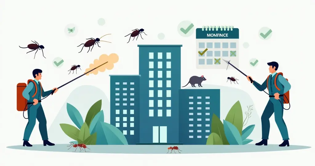 Ilustração corporativa de controle de pragas em empresa com edifício, pragas estilizadas e equipes de dedetização