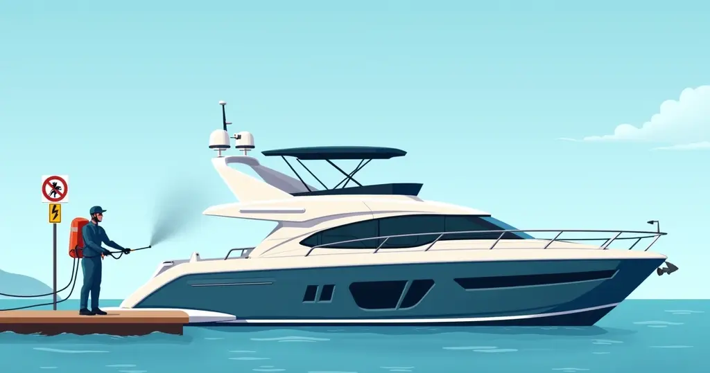 Ilustração corporativa de uma lancha sendo dedetizada com equipamentos modernos, ao fundo mar calmo e céu azul claro
