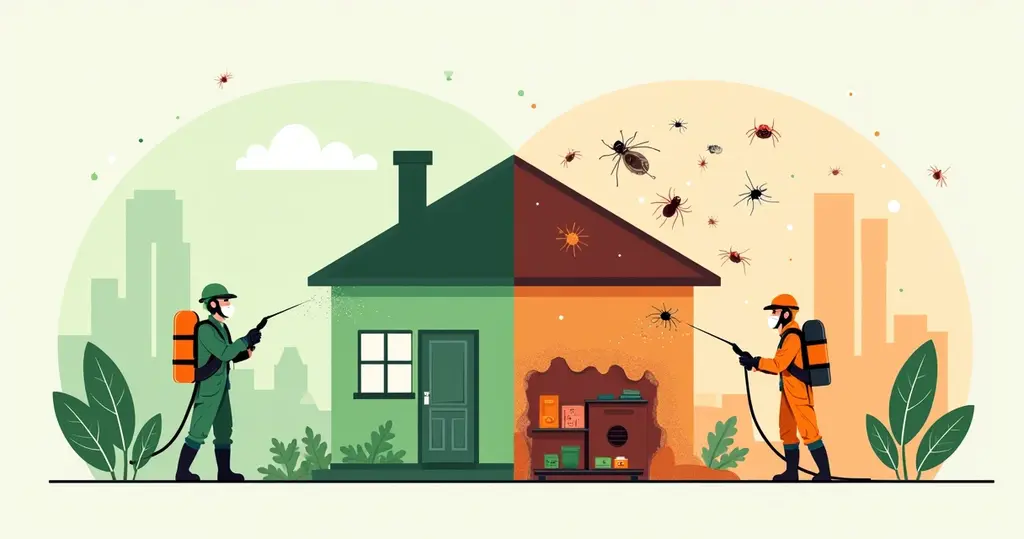 Ilustração corporativa dividida mostrando dedetização preventiva e corretiva com equipamentos e ambientes distintos