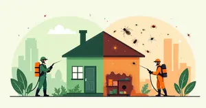 Ilustração corporativa dividida mostrando dedetização preventiva e corretiva com equipamentos e ambientes distintos