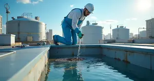 Técnico limpando caixa d'água de condomínio com equipamento de segurança e reservatório aberto