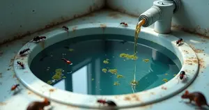 Reservatório de água com água parada e insetos ao redor