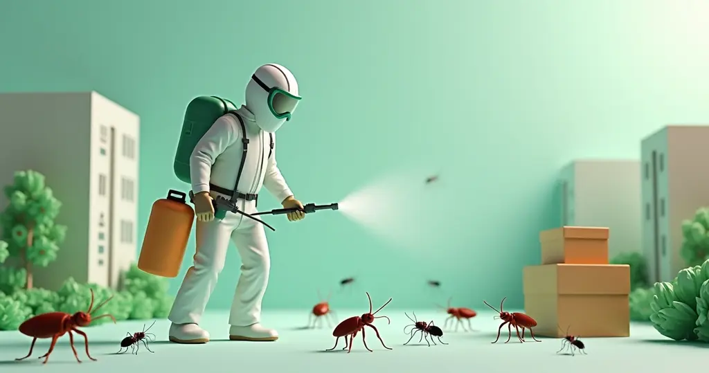 Modelo 3D mostrando um profissional aplicando dedetização em ambiente urbano com equipamentos e produtos seguros