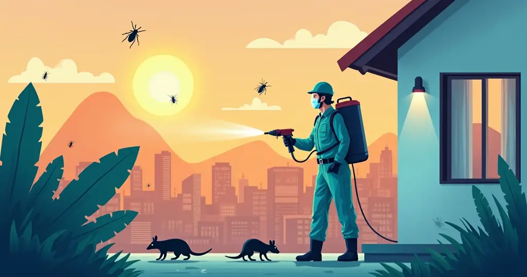 Ilustração corporativa plana de profissional com equipamento de dedetização eliminando pragas em uma casa com fundo de cidade ao entardecer