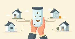 Ilustração corporativa flat mostrando uma mão segurando um recipiente transparente com traças visíveis dentro, com fundo claro e elementos gráficos de casas e reservatórios de água ao redor