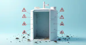 Modelo 3D de reservatório de água com sinais de alerta como sujeira, insetos e manchas visíveis. Consult System Dedetização no Rio de Janeiro