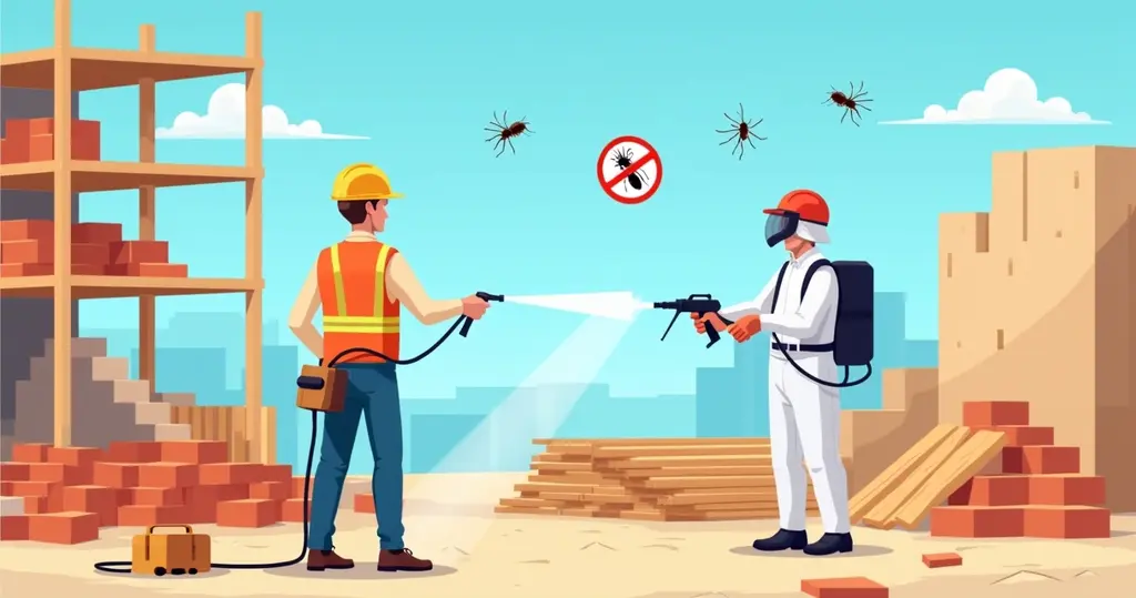 Ilustração plana corporativa de trabalhador em obra com equipamentos de segurança e ambiente limpo livre de pragas