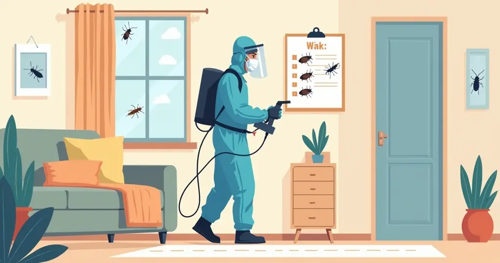 Profissional aplicando dedetização preventiva em ambiente residencial com equipamentos e proteção