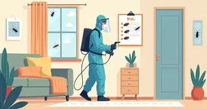 Profissional aplicando dedetização preventiva em ambiente residencial com equipamentos e proteção