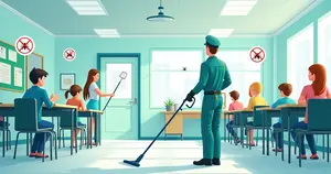 Ilustração corporativa plana mostrando dedetizador uniformizado aplicando controle de pragas em escola com crianças e professores ao fundo