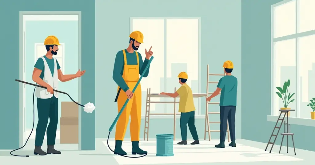 Ilustração corporativa mostrando um profissional de dedetização aplicando produto em um ambiente interno antes de reforma, com trabalhadores e equipamentos de construção ao fundo
