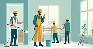 Ilustração corporativa mostrando um profissional de dedetização aplicando produto em um ambiente interno antes de reforma, com trabalhadores e equipamentos de construção ao fundo
