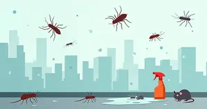 Ilustração flat corporativa mostrando umidade em parede com insetos e pragas urbanas ao redor