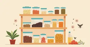 Estantes organizadas com alimentos em recipientes fechados para evitar pragas