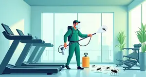 Ilustração corporativa flat de profissional em uniforme realizando dedetização em academia com equipamentos de ginástica ao fundo