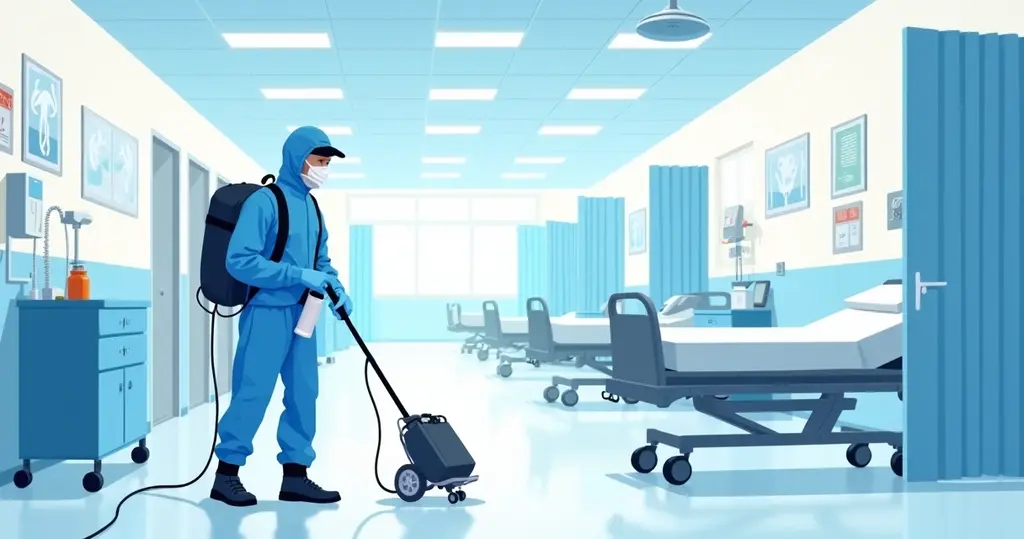 Ilustração corporativa plana de profissional realizando dedetização em hospital com equipamentos de proteção e produtos seguros