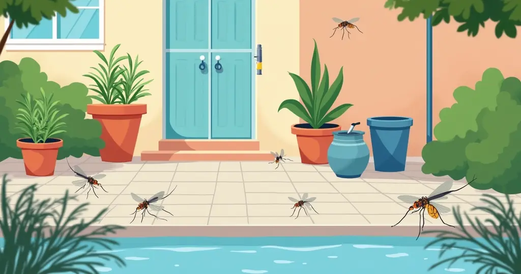 Ilustração mostrando focos de mosquitos em áreas externas de condomínio com plantas, calhas e recipientes com água parada