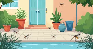 Ilustração mostrando focos de mosquitos em áreas externas de condomínio com plantas, calhas e recipientes com água parada