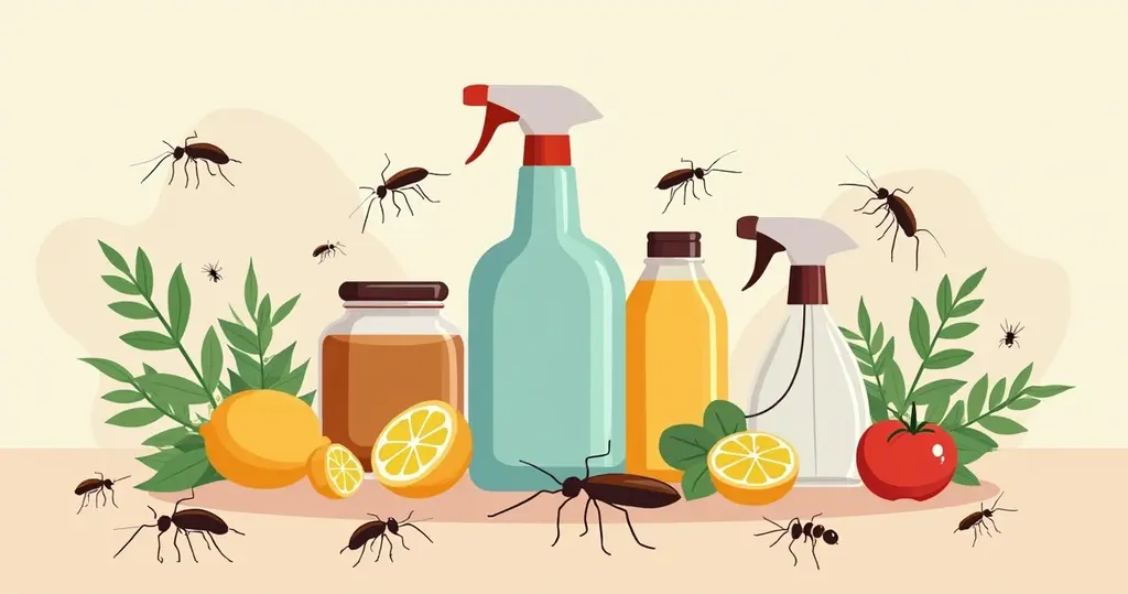 Ilustração de receitas caseiras para combater pragas urbanas com frascos, ervas e insetos ao redor