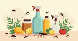 Ilustração de receitas caseiras para combater pragas urbanas com frascos, ervas e insetos ao redor