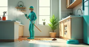 Modelo 3D de inseticida aplicando dedetização em baratas com sprays, gel e pó químico em ambiente interno