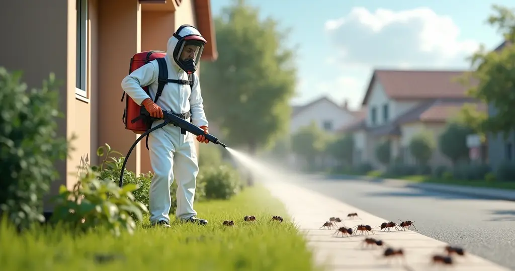 Modelo 3D mostrando dedetizador aplicando produto contra pragas urbanas em área residencial