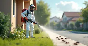 Modelo 3D mostrando dedetizador aplicando produto contra pragas urbanas em área residencial