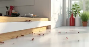 Aplicação de inseticida em gel e pó químico para dedetização contra formigas em ambiente residencial