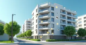 Modelo 3D de dedetização em imóvel urbano com prédio e insetos digitais sendo eliminados