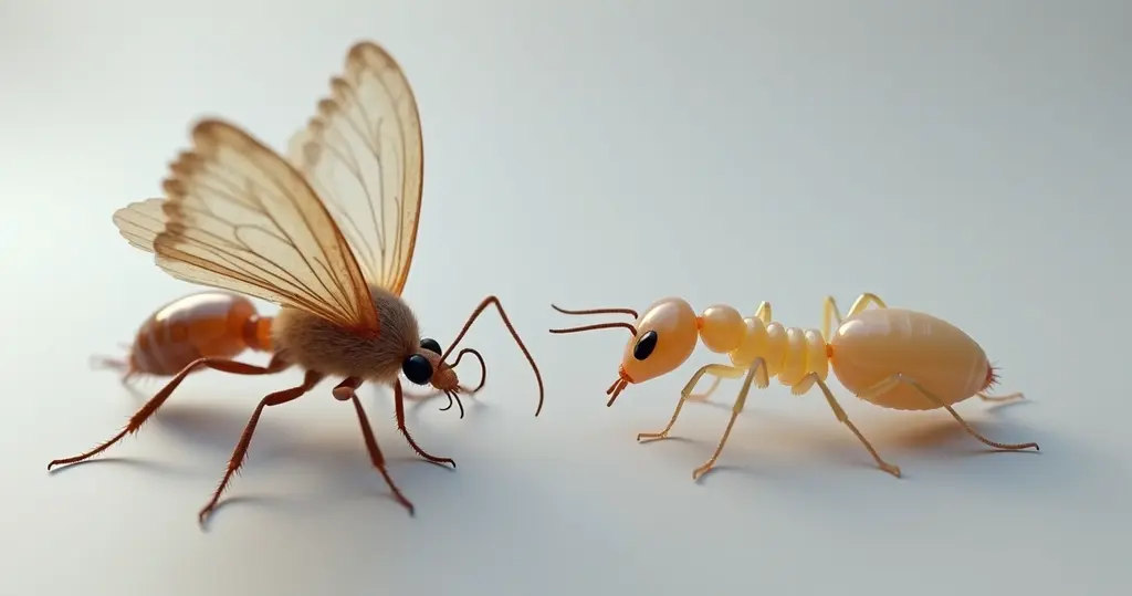 Modelo 3D detalhado comparando uma traça e um cupim em fundo neutro