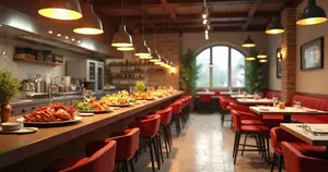 Cozinha de restaurante mostrando pragas como baratas e ratos em áreas de comida e despensa