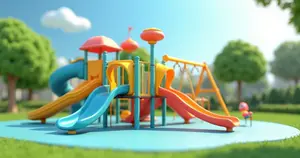 Playground infantil seguro com área limpa e sem pragas, brinquedos coloridos e ambiente iluminado