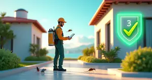 Técnico de dedetização inspecionando casa com planejamento e proteção