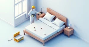 Técnico realizando dedetização de percevejos em colchão de cama