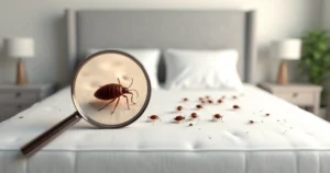 Percevejos de cama em colchão branco com sinais de infestação em quarto doméstico