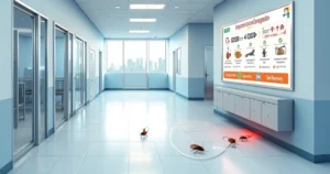 Corredor de hospital veterinário limpo com área destacada mostrando focos de pragas no ambiente