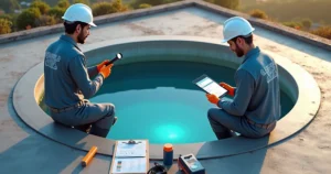 Equipe profissional inspecionando cisterna de água com tablet e equipamentos de segurança