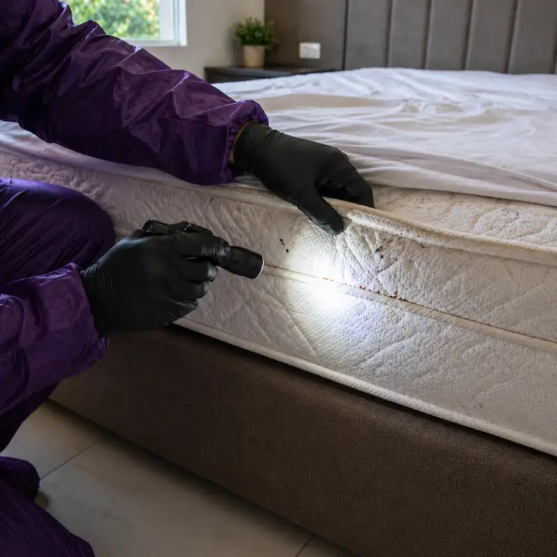 Dedetização de Percevejo de Cama Bed Bug 1 Técnico da Consult System realizando inspeção para dedetização de percevejo de cama bed bug no Rio de Janeiro