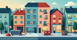Ilustração de insetos sinantrópicos em cenário urbano com áreas sob controle